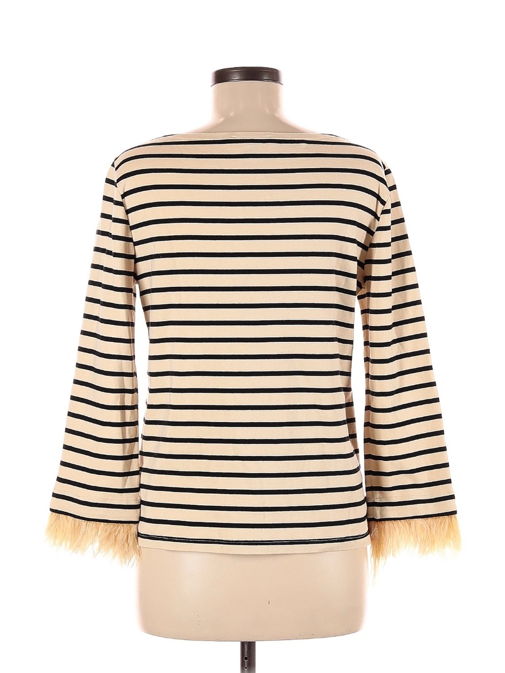 J. Crew Cream and Black Striped Long Sleeve Top with Feather Cuffs - Picture 3 of 3